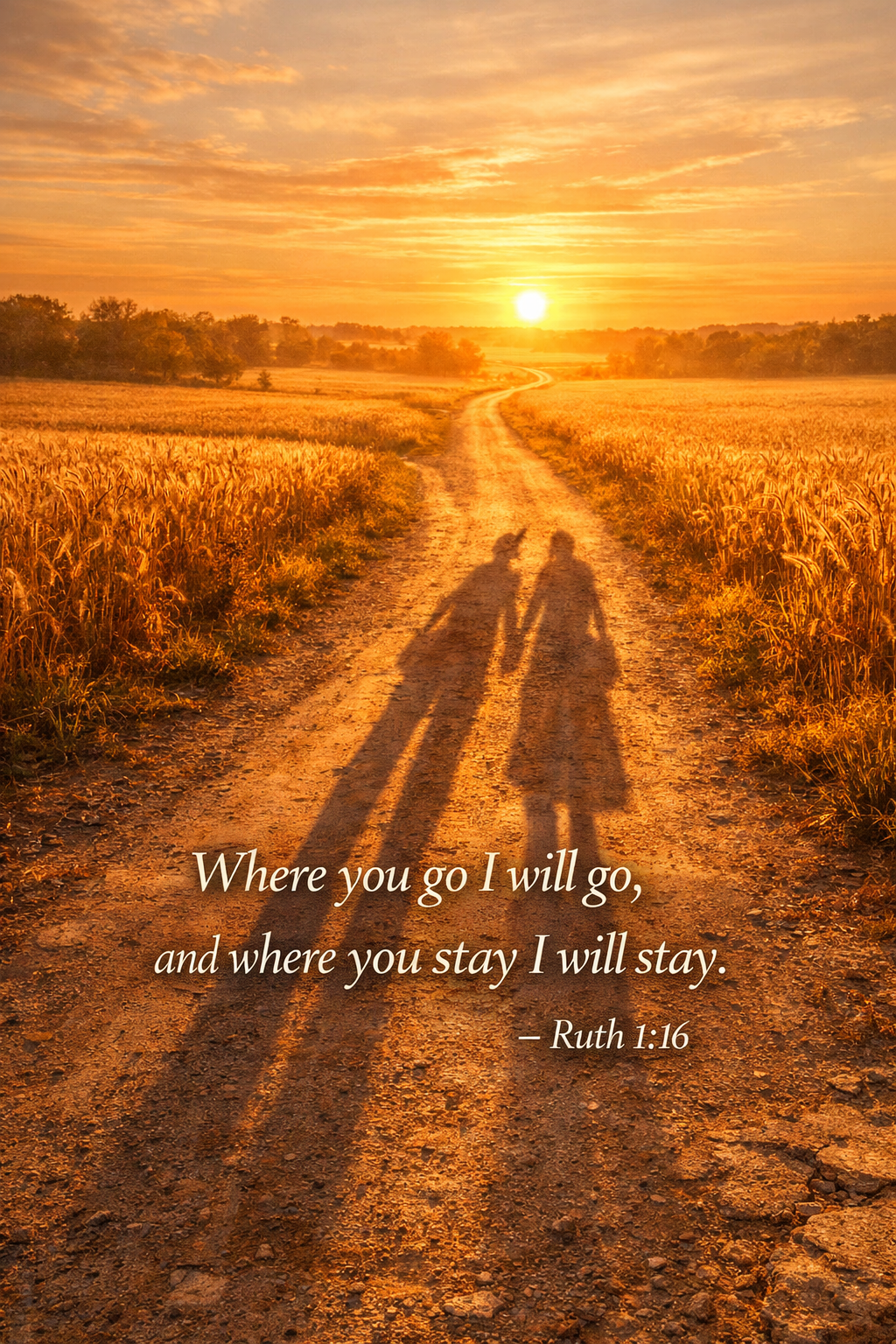 Ruth 1:16 vertical wallpaper with two long shadows walking together on a golden country road at sunset